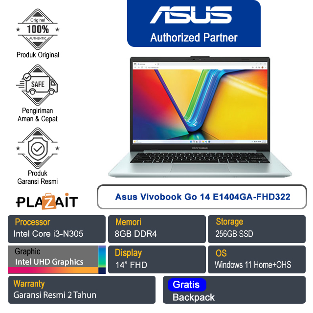 Asus Vivobook Go 14 E1404GA-FHD322 /Intel Core i3-N305/8GB/256GB SSD/Intel UHD Graphics/14″ FHD/Win 11 Home+OHS 2021/Green Grey/2Y