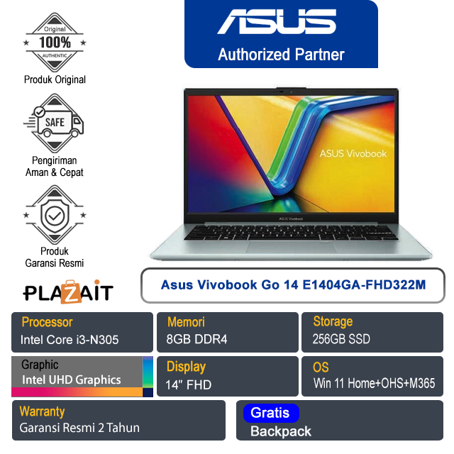 Asus Vivobook Go 14 E1404GA-FHD322M /Intel Core i3-N305/8GB/256GB SSD/Intel UHD Graphics/14″ FHD/Win 11 Home+OHS 2021+M365/Green Grey/2Y