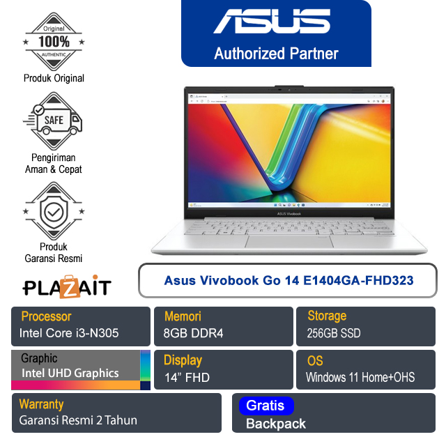 Asus Vivobook Go 14 E1404GA-FHD323 /Intel Core i3-N305/8GB/256GB SSD/Intel UHD Graphics/14″ FHD/Win 11 Home+OHS 2021/Cool Silver/2Y