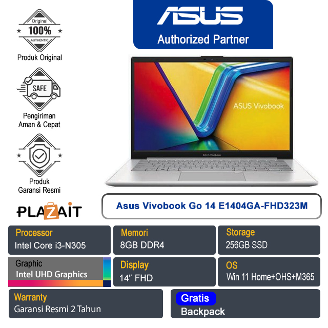 Asus Vivobook Go 14 E1404GA-FHD323M /Intel Core i3-N305/8GB/256GB SSD/Intel UHD Graphics/14″ FHD/Win 11 Home+OHS 2021+M365/Cool Silver/2Y