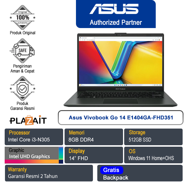 Asus Vivobook Go 14 E1404GA-FHD351 /Intel Core i3-N305/8GB/512GB SSD/Intel UHD Graphics/14″ FHD/Win 11 Home+OHS 2021/Mixed Black/2Y