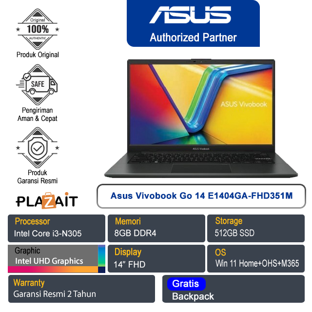 Asus Vivobook Go 14 E1404GA-FHD351M /Intel Core i3-N305/8GB/512GB SSD/Intel UHD Graphics/14″ FHD/Win 11 Home+OHS 2021+M365/Mixed Black/2Y