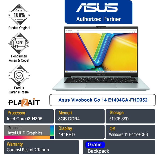 Asus Vivobook Go 14 E1404GA-FHD352 /Intel Core i3-N305/8GB/512GB SSD/Intel UHD Graphics/14″ FHD/Win 11 Home+OHS 2021/Green Grey/2Y
