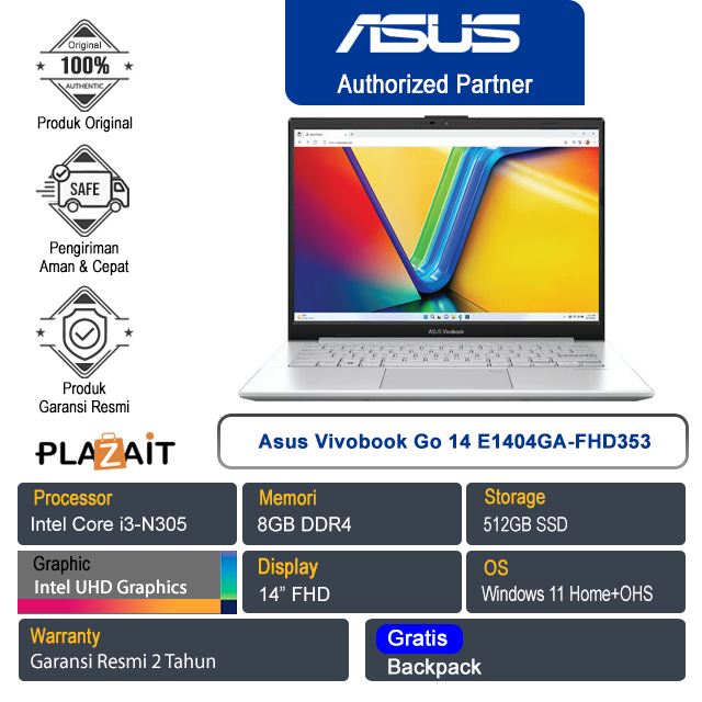 Asus Vivobook Go 14 E1404GA-FHD353 /Intel Core i3-N305/8GB/512GB SSD/Intel UHD Graphics/14″ FHD/Win 11 Home+OHS 2021/Cool Silver/2Y