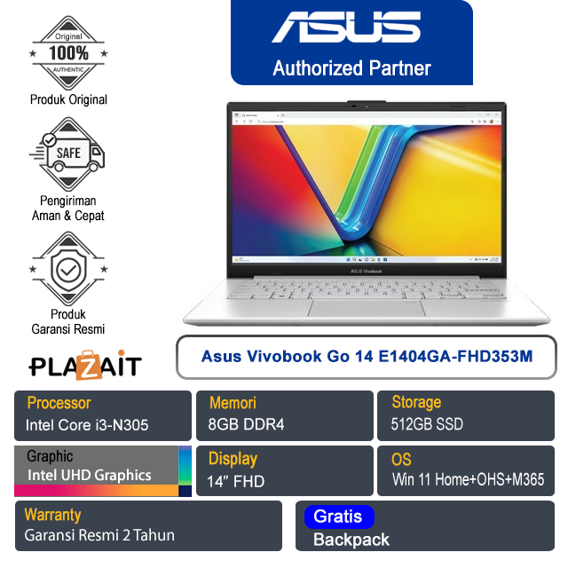 Asus Vivobook Go 14 E1404GA-FHD353M /Intel Core i3-N305/8GB/512GB SSD/Intel UHD Graphics/14″ FHD/Win 11 Home+OHS 2021+M365/Cool Silver/2Y