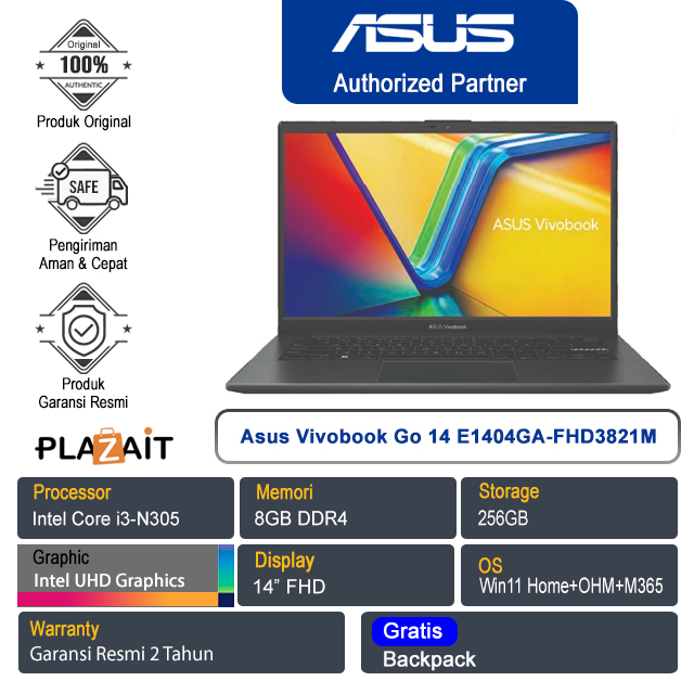 Asus Vivobook Go 14 E1404GA-FHD3821M /Intel Core i3-N305/8GB/256GB/Intel UHD Graphics/14" FHD /Win 11 Home+OHM+M365/Mixed Black/2Y