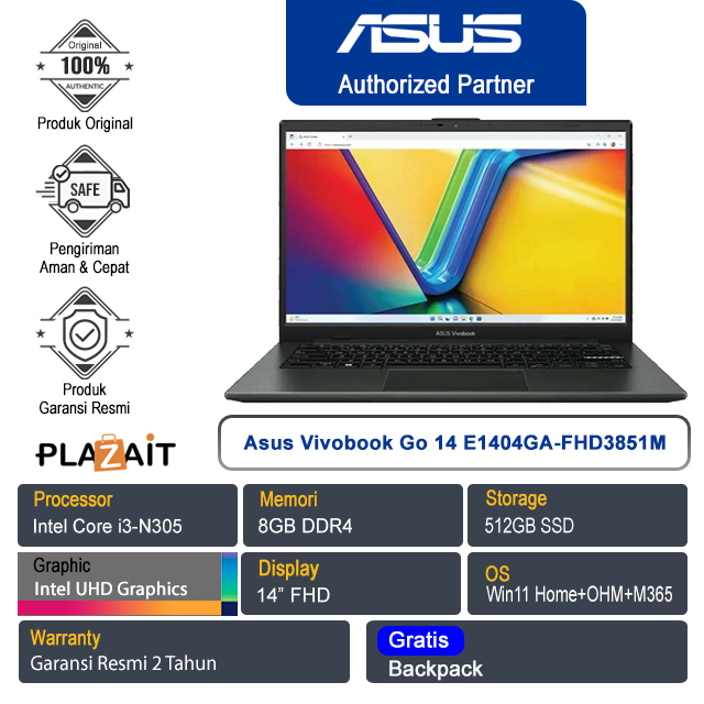 Asus Vivobook Go 14 E1404GA-FHD3851M /Intel Core i3-N305/8GB/512GB SSD/Intel UHD Graphics/14" FHD/Win 11 Home+OHM+M365/Mixed Black/2Y