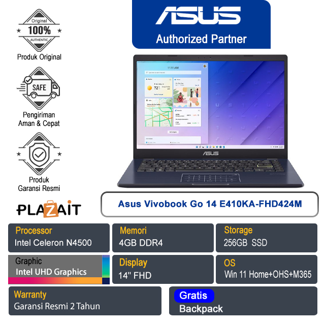 Asus Vivobook Go 14 E410KA-FHD424M /Intel Celeron N4500/4GB/256GB SSD/Intel UHD Graphics/14" FHD/Win 11 Home+OHS 2021+M365/Peakcock Blue/2Y