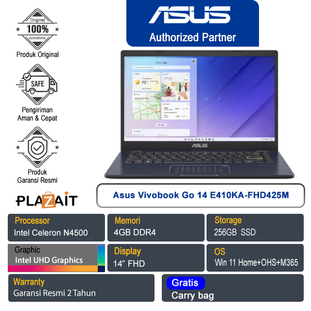 Asus Vivobook Go 14 E410KA-FHD425M /Intel Celeron N4500/4GB/256GB SSD/Intel UHD Graphics/14" FHD/Win 11 Home+OHS 2021+M365/Star Black/2Y