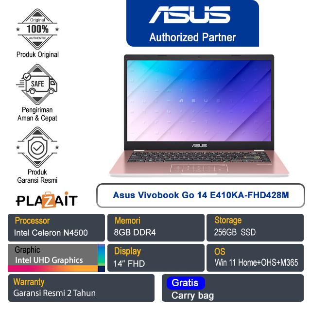 Asus Vivobook Go 14 E410KA-FHD428M /Intel Celeron N4500/8GB/256GB SSD/Intel UHD Graphics/14" FHD/Win 11 Home+OHS 2021+M365/Rose Pink/2Y