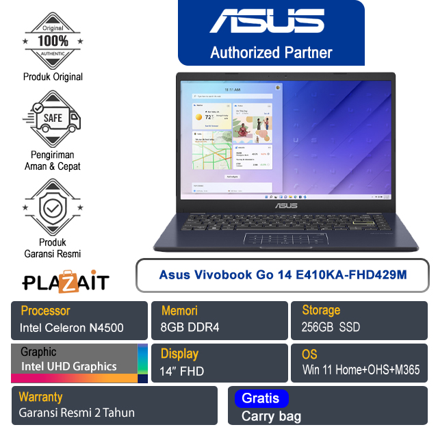 Asus Vivobook Go 14 E410KA-FHD429M /Intel Celeron N4500/8GB/256GB SSD/Intel UHD Graphics/14" FHD/Win 11 Home+OHS 2021+M365/Star Black/2Y