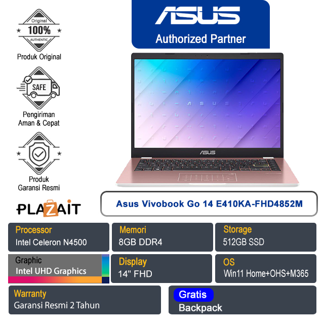 Asus Vivobook Go 14 E410KA-FHD4852M /Intel Celeron N4500/8GB/512GB SSD/Intel UHD Graphics/14" FHD/Win 11 Home+OHS+M365/Rose Pink/2Y
