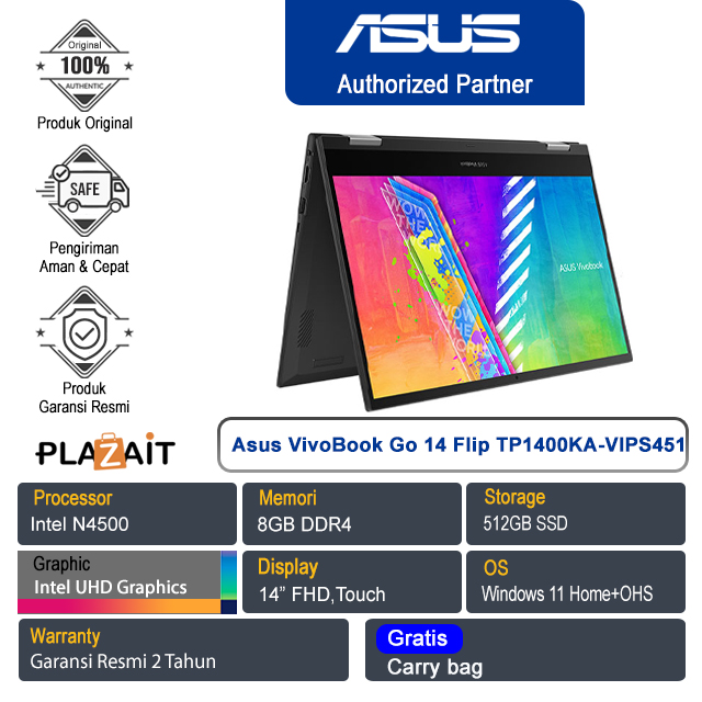 Asus VivoBook Go 14 Flip TP1400KA-VIPS451 /Intel N4500/8GB/512GB SSD/Intel UHD Graphics/14″ FHD Touch/Win 11 Home+OHS 2021/Quiet Blue/2Y