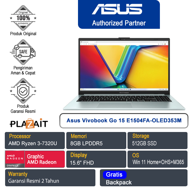 Asus Vivobook Go 15 E1504FA-OLED353M /AMD Ryzen 3-7320U/8GB/512GB SSD/AMD Radeon Graphics/15.6″ FHD/Win 11 Home+OHS 2021+M365/Green Grey/2Y