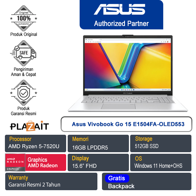 Asus Vivobook Go 15 E1504FA-OLED553 /AMD Ryzen 5-7520U/16GB/512GB SSD/AMD Radeon Graphics/15.6" FHD/Win 11 Home+OHS/Cool Silver/2Y
