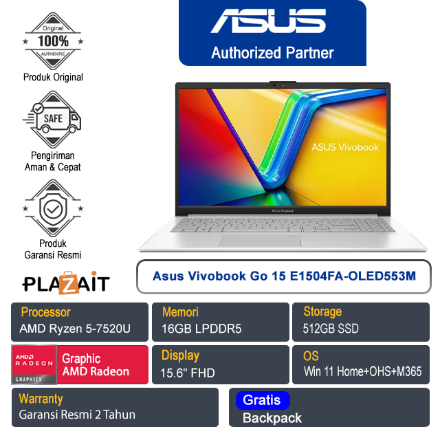 Asus Vivobook Go 15 E1504FA-OLED553M /AMD Ryzen 5-7520U/16GB/512GB SSD/AMD Radeon Graphics/15.6" FHD/Win 11 Home+OHS+M365/Cool Silver/2Y