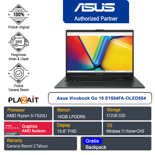 Asus Vivobook Go 15 E1504FA-OLED554 /AMD Ryzen 5-7520U/16GB/512GB SSD/AMD Radeon Graphics/15.6" FHD/Win 11 Home+OHS/Mixed Black/2Y