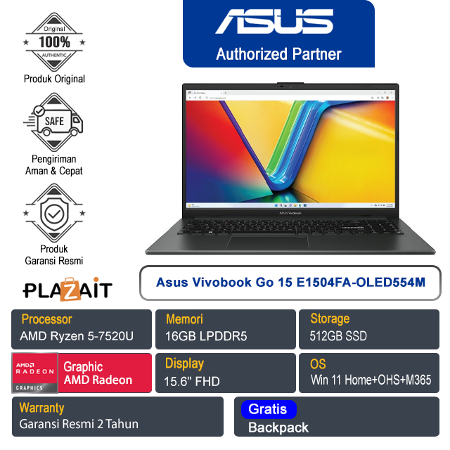 Asus Vivobook Go 15 E1504FA-OLED554M /AMD Ryzen 5-7520U/16GB/512GB SSD/AMD Radeon Graphics/15.6" FHD/Win 11 Home+OHS+M365/Mixed Black/2Y