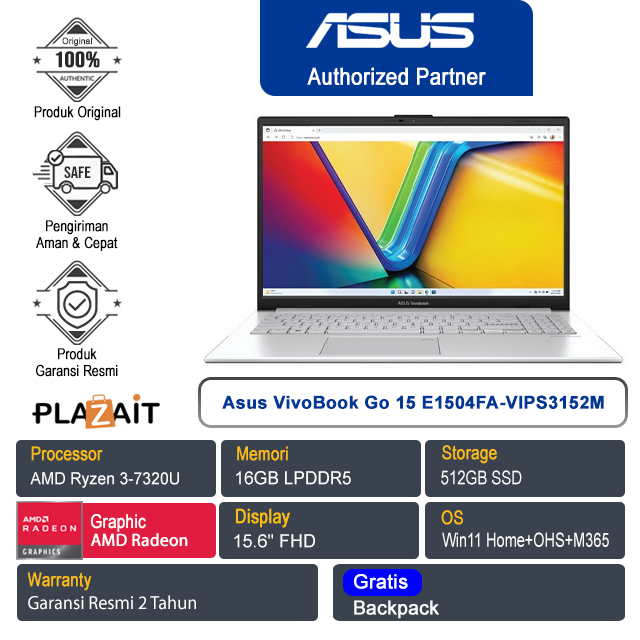 Asus VivoBook Go 15 E1504FA-VIPS3152M /AMD Ryzen 3-7320U/16GB/512GB SSD/AMD Radeon Graphics/15.6" FHD/Win 11 Home+OHM+M365/Cool Silver/2Y