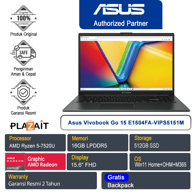 Asus Vivobook Go 15 E1504FA-VIPS5151M /AMD Ryzen 5-7520U/16GB/512GB SSD/AMD Radeon Graphics/15.6" FHD/Win 11 Home+OHM+M365/Mixed Black/2Y