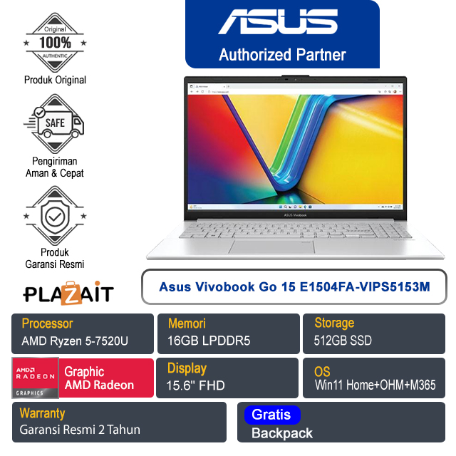Asus Vivobook Go 15 E1504FA-VIPS5153M /AMD Ryzen 5-7520U/16GB/512GB SSD/AMD Radeon Graphics/15.6" FHD/Win 11 Home+OHM+M365/Cool Silver/2Y