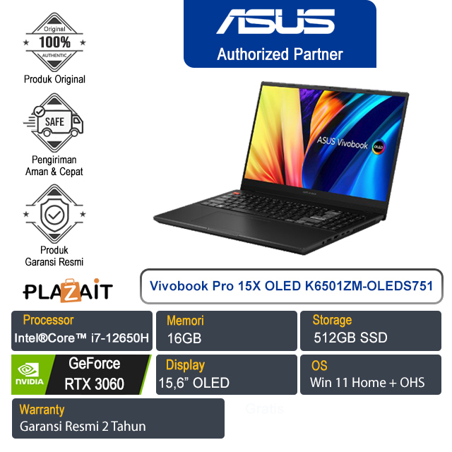 Asus Vivobook Pro 15X OLED K6501ZM-OLEDS751 /Intel Core i7-12650H/16GB/512GB SSD/RTX3060 6GB/15.6″ 2.8K/Win 11 Home+OHS 2021/Black/2Y