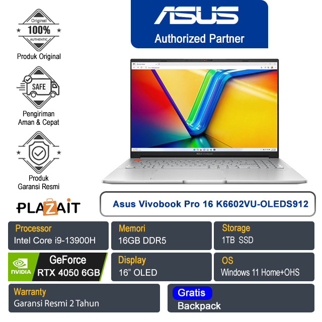 Asus Vivobook Pro 16 K6602VU-OLEDS912 /Intel Core i9-13900H/16GB/1TB SSD/ NVIDIA GeForce RTX 4050 6GB/16″ OLED/Win 11 Home+OHS 2021/Cool Silver/2Y