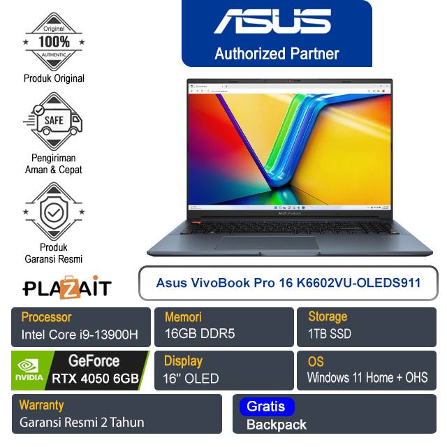 Asus VivoBook Pro 16 OLED K6602VU-OLEDS911/Intel Core i9-13900H/16GB/1TB SSD/NVIDIA GeForce RTX 4050 6GB/16" OLED/Win 11 Home+OHS/Quiet Blue/2Y