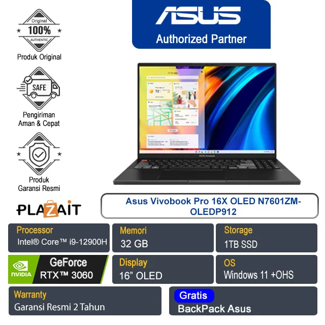 Asus Vivobook Pro 16X Creator N7601ZM-OLEDP912/Intel Core i9-12900H/32GB/1TB SSD/NVIDIA GeForce RTX 3060 6GB/16" OLED/Win11 Home + OHS/Black/2Y