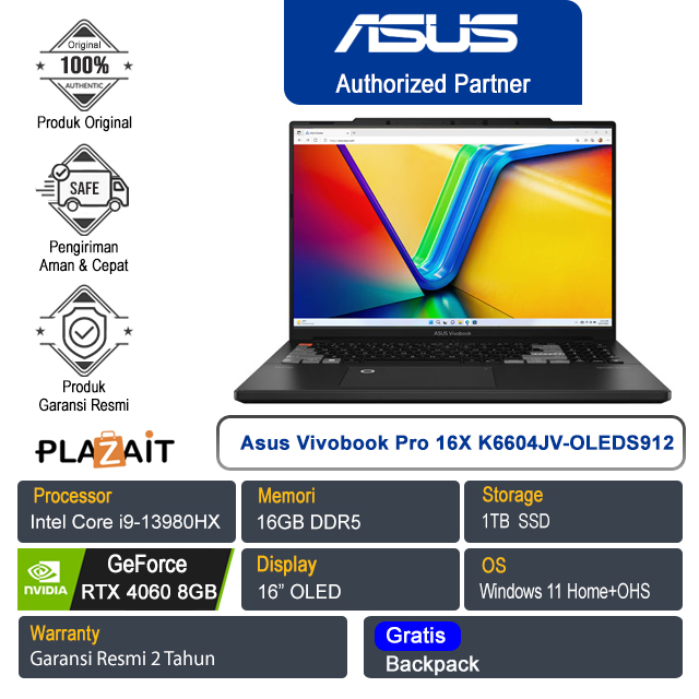 Asus Vivobook Pro 16X K6604JV-OLEDS912 /Intel Core i9-13980HX/16GB/1TB SSD/NVIDIA GeForce RTX 4060 8GB/16″ OLED/Win 11 Home+OHS 2021/Black/2Y