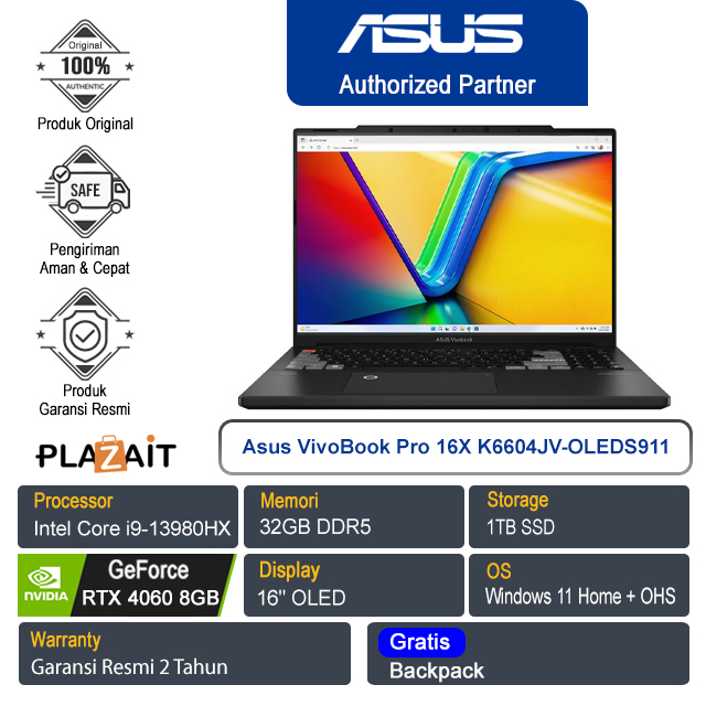 Asus VivoBook Pro 16X OLED K6604JV-OLEDS911/Intel Core i9-13980HX/32GB/1TB SSD/NVIDIA GeForce RTX 4060 8GB/16" OLED/Win 11 Home+OHS/0°Black/2Y