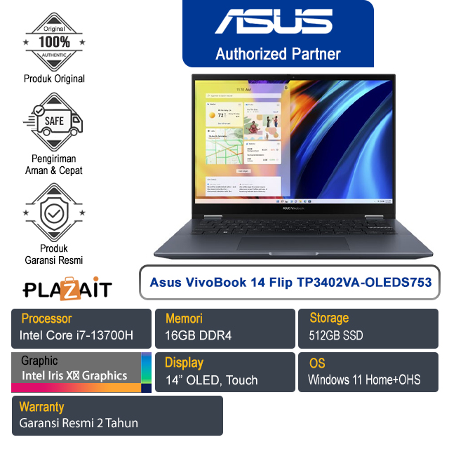 Asus VivoBook S 14 Flip OLED TP3402VA-OLEDS753 /Intel Core i7-13700H/16GB/512GB SSD/Intel Iris Xᵉ Graphics/14″OLED Touch/Win 11 Home+OHS 2021/Quiet Blue/2Y (No Bag)