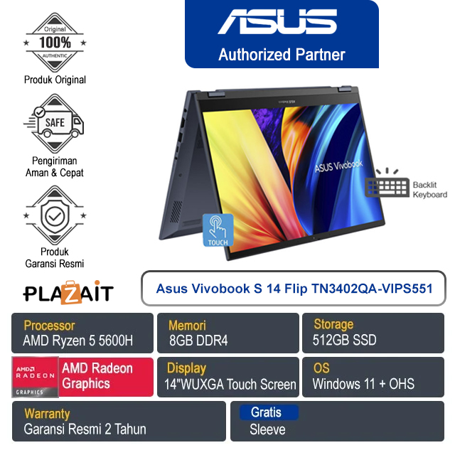 Asus Vivobook S 14 Flip TN3402QA-VIPS551 /AMD Ryzen 5 5600H/8GB/512GB/AMD Radeon Graphics/14"WUXGA/Win11+OHS/Quiet Blue/2Y