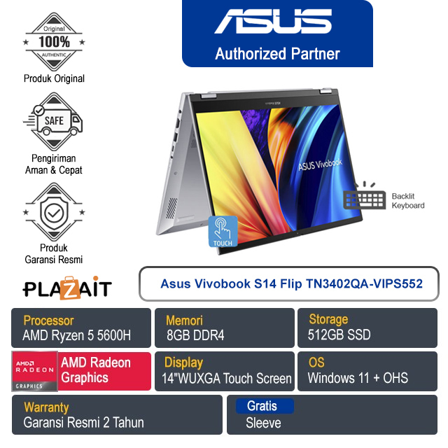 Asus Vivobook S 14 Flip TN3402QA-VIPS552/R5-5600H/8G/512GB/AMD Radeon Graphics/14"WUXGA/Windows11+OHS/Cool Silver/2Y