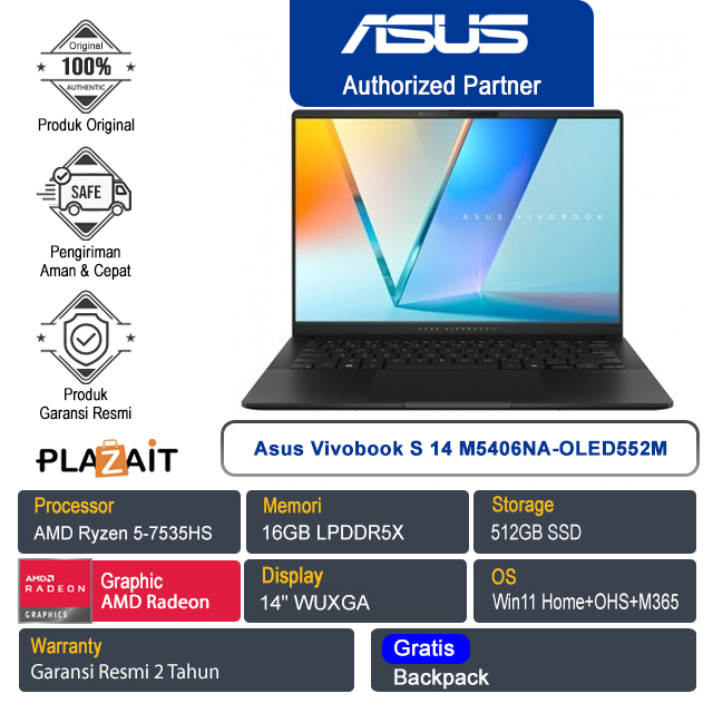 Asus Vivobook S 14 M5406NA-OLED552M /AMD Ryzen 5-7535HS/16GB/512GB SSD/AMD Radeon Graphics/14" WUXGA/Win 11 Home+OHS+M365/Neutral Black/2Y