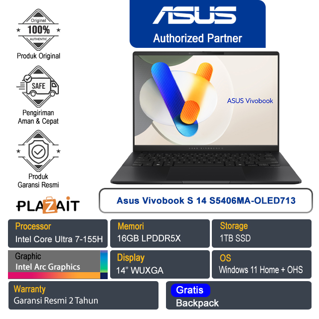Asus Vivobook S 14 S5406MA-OLED713 /Intel Core Ultra 7-155H/16GB/1TB SSD/Intel Arc Graphics/14" WUXGA/Win 11 Home+OHS 2021/Neutral Black/2Y