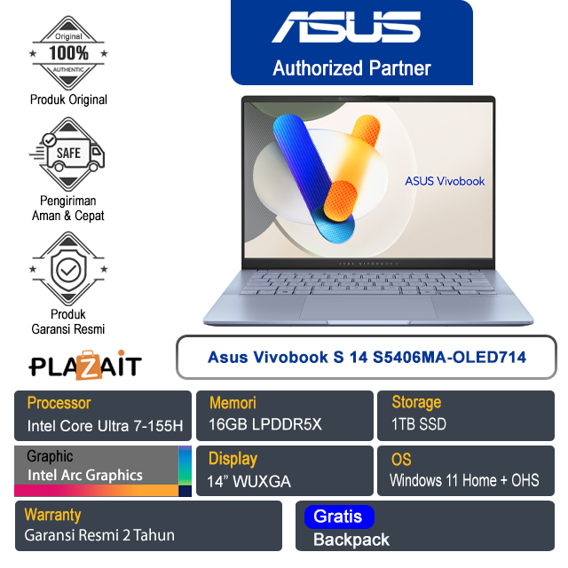 Asus Vivobook S 14 S5406MA-OLED714 /Intel Core Ultra 7-155H/16GB/1TB SSD/Intel Arc Graphics/14" WUXGA/Win 11 Home+OHS 2021/Mist Blue/2Y