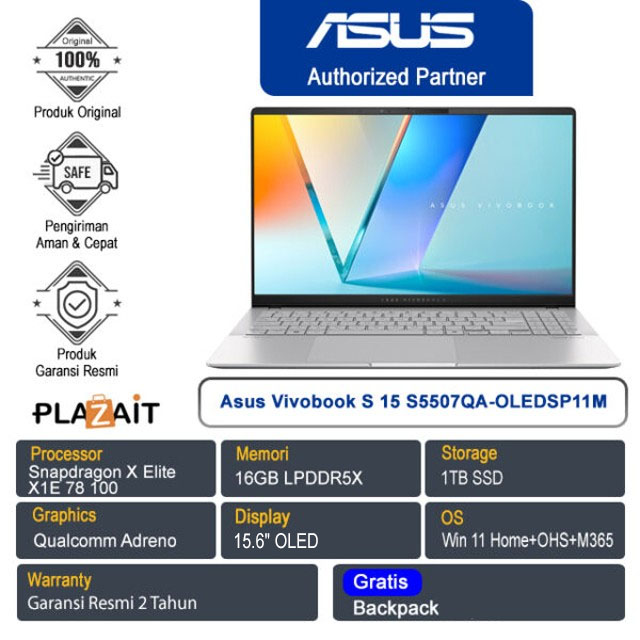 Asus Vivobook S 15 OLED S5507QA-OLEDSP11M /Snapdragon X Elite X1E 78 100/16GB/1TB SSD/Qualcomm Adreno/15.6" OLED/Win 11 Home+OHS+M365/Cool Silver/2Y