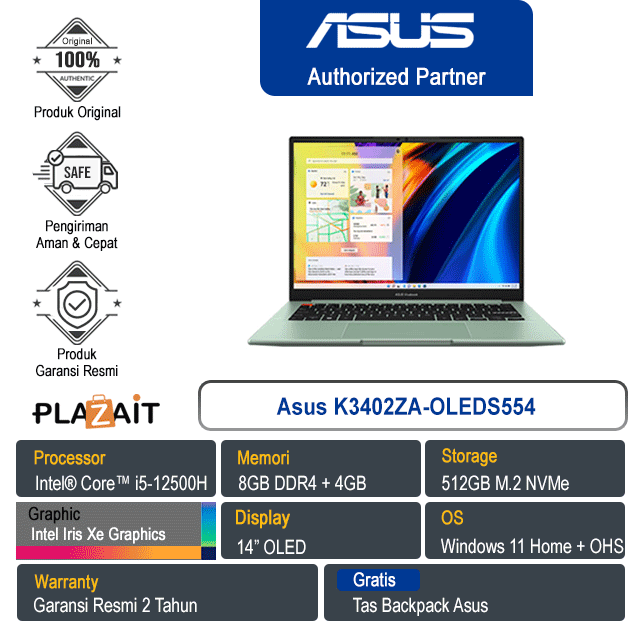 Asus Vivobook S K3402ZA-OLEDS554 /Intel Core i5-12500H/8GB+4GB/512GB SSD/Intel Iris Xe Graphics/14" OLED/Win 11+OHS/Mint Green/2Y