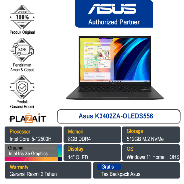 Asus Vivobook S K3402ZA-OLEDS556 /Intel Core i5-12500H/8GB+4GB/512GB SSD/Intel Iris Xe Graphics/14" OLED/Win 11+OHS/Indie Black/2Y