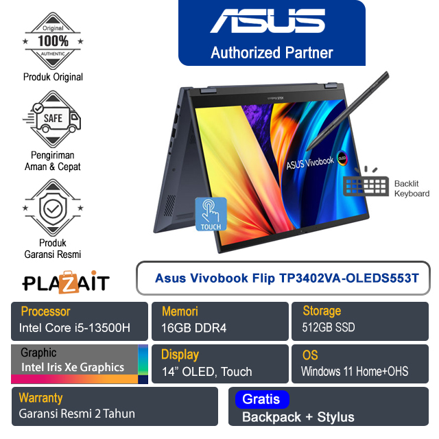 Asus Vivobook S14 Flip OLED TP3402VA-OLEDS553T /Intel Core i5-13500H/16GB/512GB SSD/Intel Iris Xᵉ Graphics/14″ OLED Touch/Win 11 Home+OHS 2021/Quite Blue/2Y