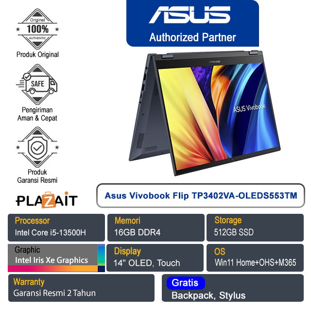Asus Vivobook S14 Flip TP3402VA-OLEDS553TM /Intel Core i5-13500H/16GB/512GB SSD/Intel Iris Xᵉ Graphics/14" OLED Touch/Win 11 Home+OHS+M365/Quiet Blue/2Y