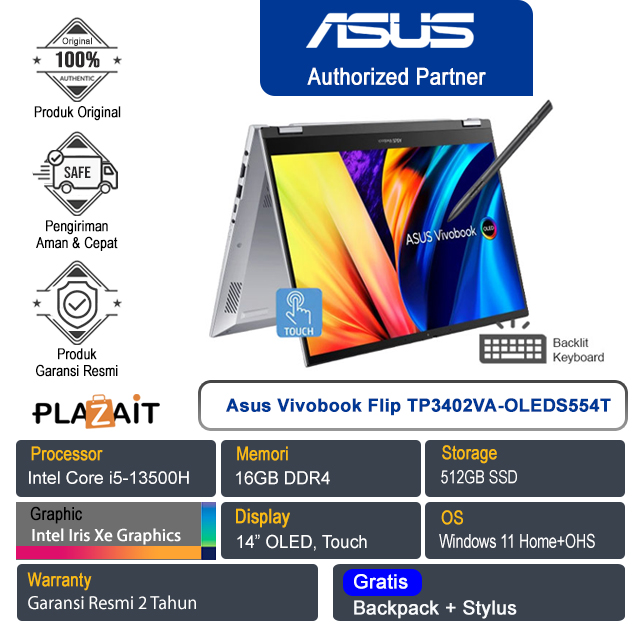 Asus Vivobook S14 Flip OLED TP3402VA-OLEDS554T /Intel Core i5-13500H/16GB/512GB SSD/Intel Iris Xᵉ Graphics/14″ OLED Touch/Win 11 Home+OHS 2021/Cool Silver/2Y