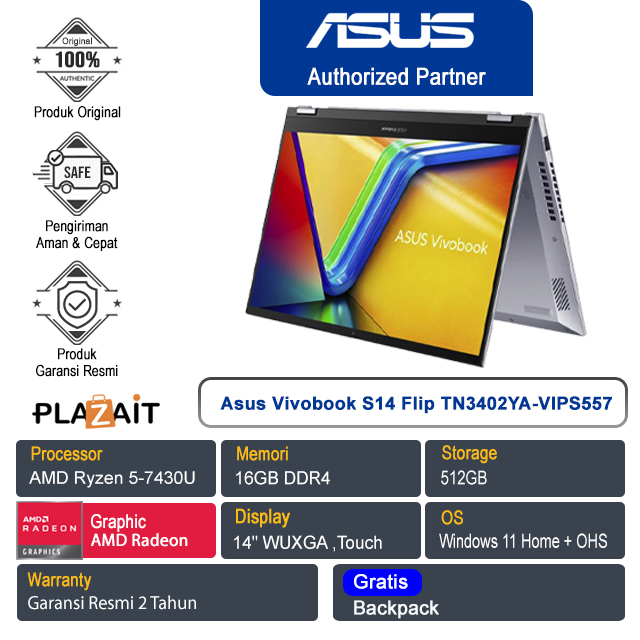 Asus Vivobook S14 Flip TN3402YA-VIPS557 /AMD Ryzen 5-7430U/16GB/512GB SSD/AMD Radeon Graphics/14" WUXGA Touch/Win 11 Home+OHS 2021/Transparent Silver/2Y