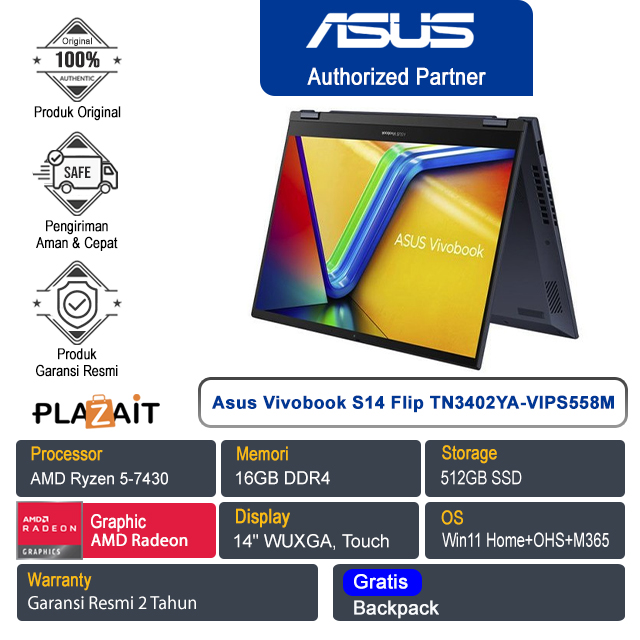 Asus Vivobook S14 Flip TN3402YA-VIPS558M /AMD Ryzen 5-7430U/16GB/512GB SSD/AMD Radeon Graphics/14" WUXGA Touch/Win 11 Home+OHS+M365/Quiet Blue/2Y