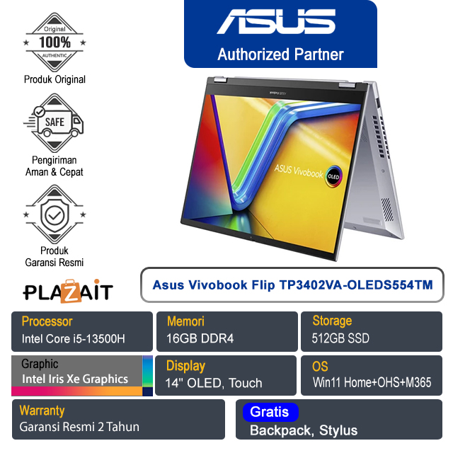 Asus Vivobook S14 Flip TP3402VA-OLEDS554TM /Intel Core i5-13500H/16GB/512GB SSD/Intel Iris Xᵉ Graphics/14" OLED Touch/Win 11 Home+OHS+M365/Cool Silver/2Y