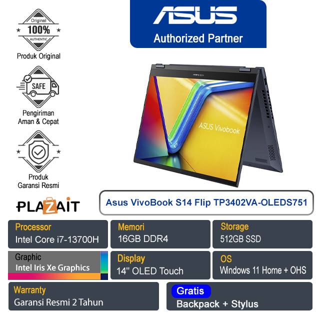 Asus VivoBook S14 Flip TP3402VA-OLEDS751/Intel Core i7-13700H/16GB/512GB SSD/14" OLED Touch/Win 11 Home+OHS/Quiet Blue/2Y
