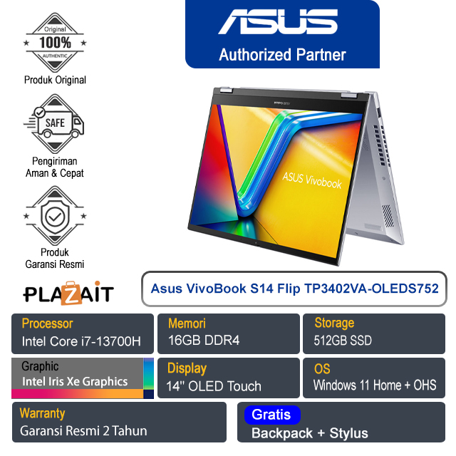 Asus VivoBook S14 Flip TP3402VA-OLEDS752/Intel Core i7-13700H/16GB/512GB SSD/14" OLED Touch/Win 11 Home+OHS/Cool Silver/2Y
