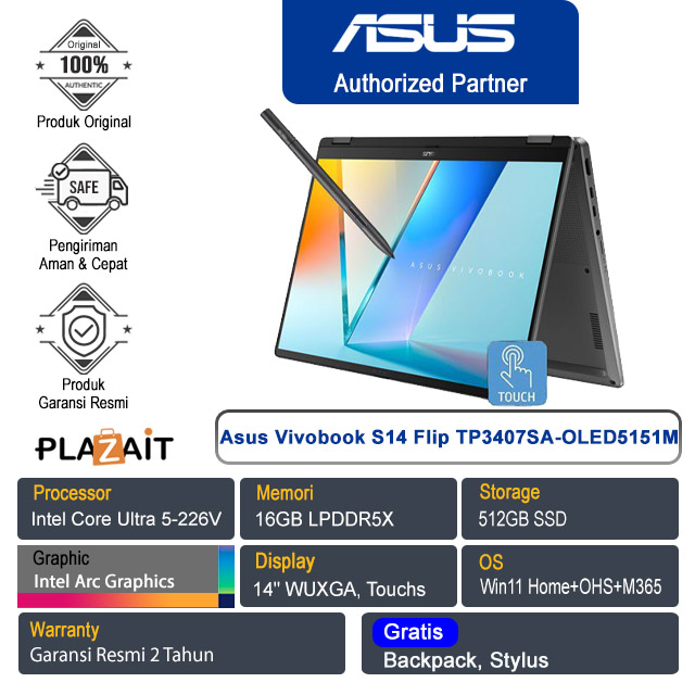 Asus Vivobook S14 Flip TP3407SA-OLED5151M /Intel Core Ultra 5-226V/16GB/512GB SSD/Intel Arc Graphics/14" WUXGA Touch/Win 11 Home+OHS+M365/Matte Grey/2Y