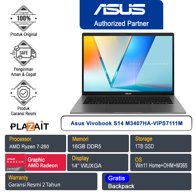 Asus Vivobook S14 M3407HA-VIPS7111M /AMD Ryzen 7-260/16GB/1TB SSD/AMD Radeon Graphics/14" WUXGA/Win 11 Home+OHM+M365/Matte Gray/2Y
